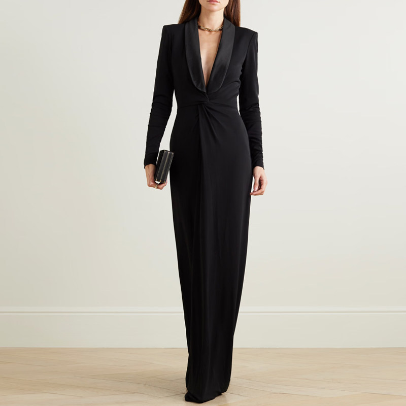 个性时尚深V长袖长款晚礼服裙