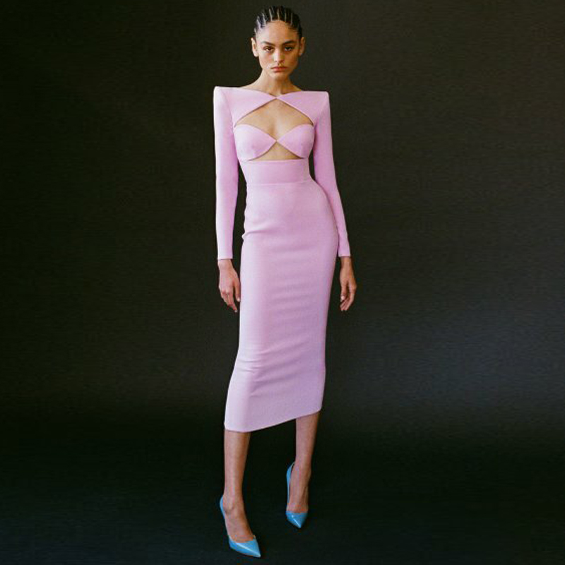 时尚气质长袖修身中长裙小礼服