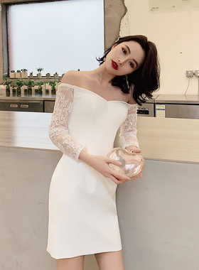 简单大方一字肩小礼服气质日常派对生日宴会晚礼服春季白色连衣裙