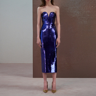 高级感晚礼服中长裙时尚亮片舞台主持人演出表演派对小礼服连衣裙