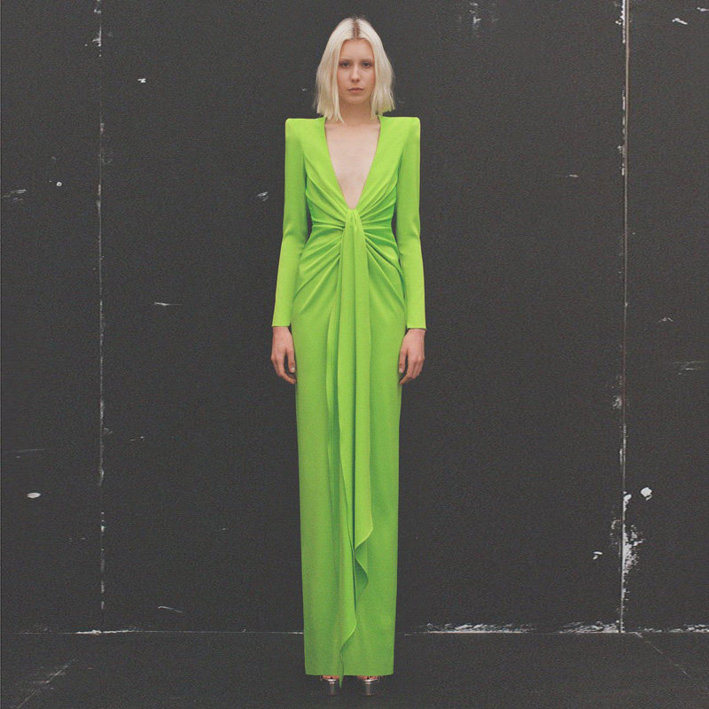 果绿色晚礼服长裙女2025新款低胸名媛派对生日宴会主持年会连衣裙