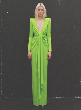 果绿色晚礼服长裙女2025新款低胸名媛派对生日宴会主持年会连衣裙