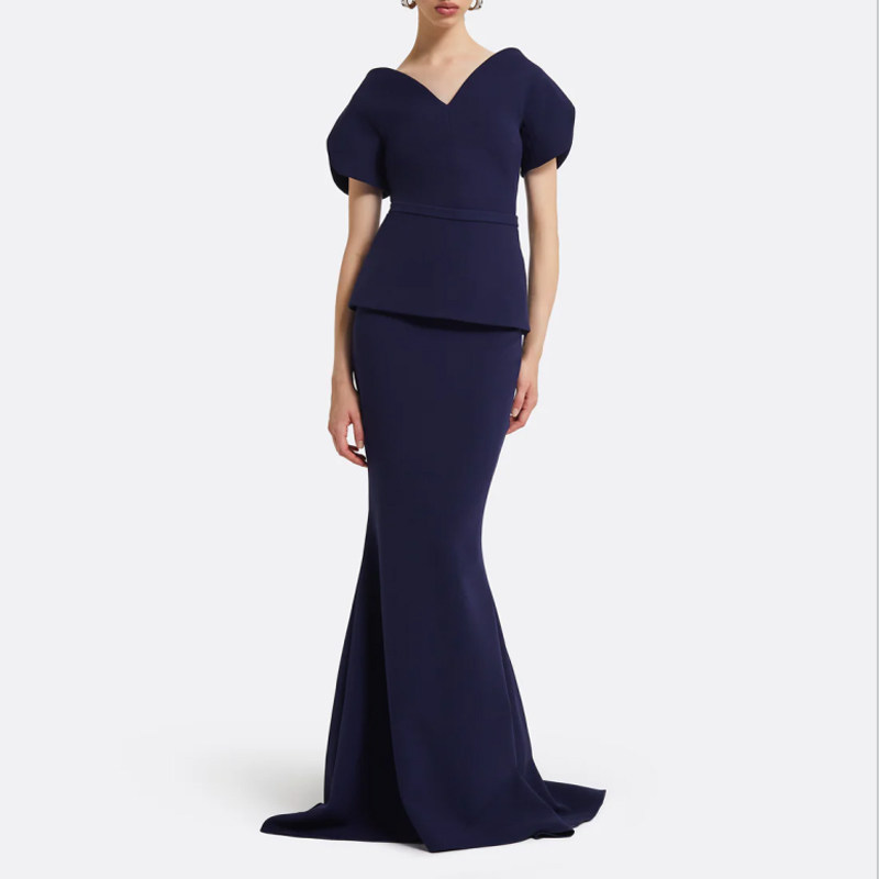 藏青色晚礼服鱼尾裙2025新款高级质感妈妈装时尚气质套装质感年会