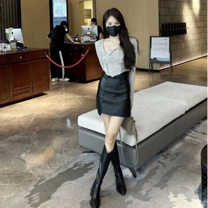 高级感早秋时尚套装女2023年新款辣妹不规则上衣显瘦小皮裙两件套