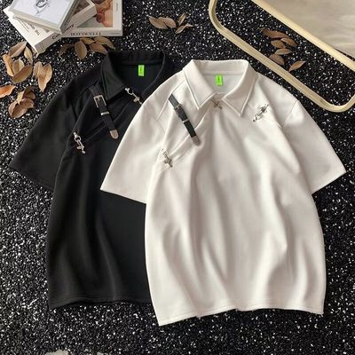 解构金属皮带扣短袖polo衫男夏季小众正肩设计感t恤痞帅翻领半袖