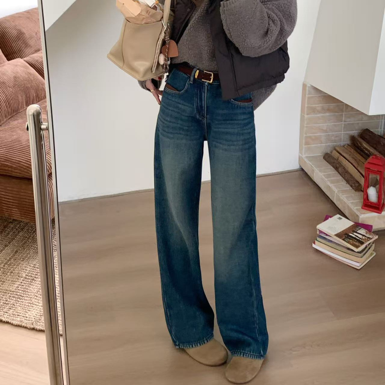 十三行TOP欧制冬款麂皮绒拼接口袋阔腿裤牛仔裤配腰带61660复合绒