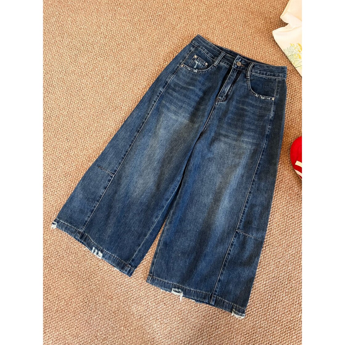 J32薄料阔腿牛仔裤女夏季新款磨破设计百搭宽松梨形直筒八分中裤