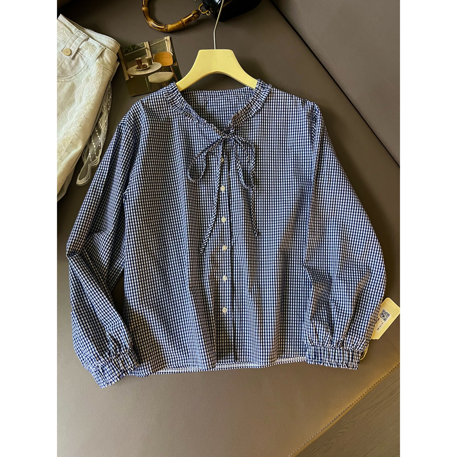 J38蓝格子衬衫女夏季荷叶边长袖防晒衬衣松弛感薄款宽松上衣