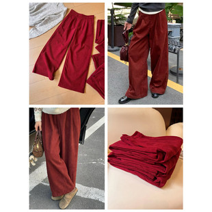 女棉质2026春季 J48灯芯绒阔腿裤 高腰宽松雪尼尔直筒裤 新年红