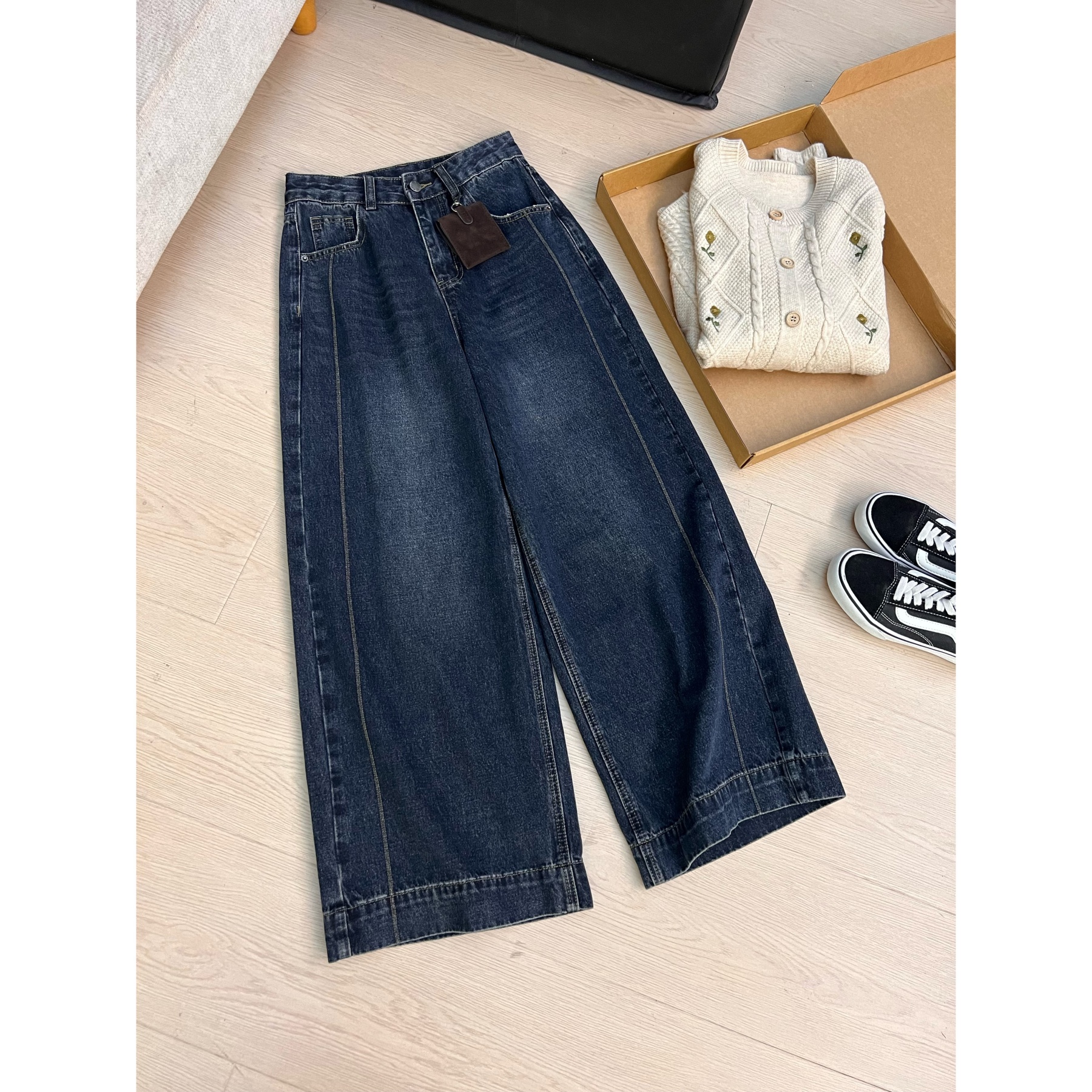 Q35复古水洗棉阔腿牛仔裤女秋冬季新款高腰宽松垂感直筒裤拖地裤