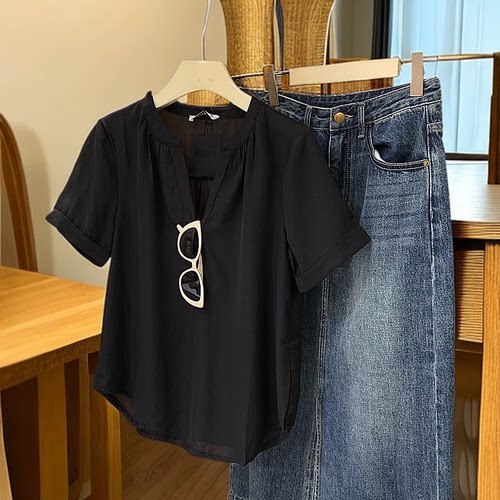 Q35短袖正肩女t恤夏季新款宽松V领设计感小众不规则chic韩系上衣