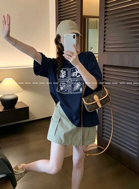 J17清新减龄藏青邮票印花T恤夏季海洋风海星水母图案宽松圆领上衣