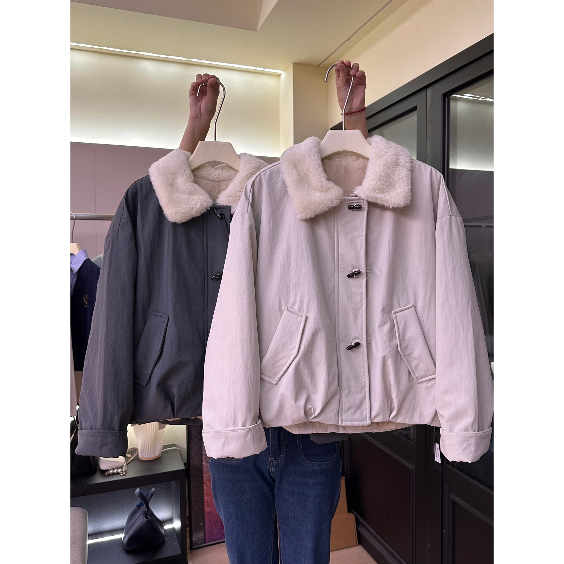 【一件过冬】H42加绒棉服女毛领仿兔毛冬季短款加厚棉衣夹克外套