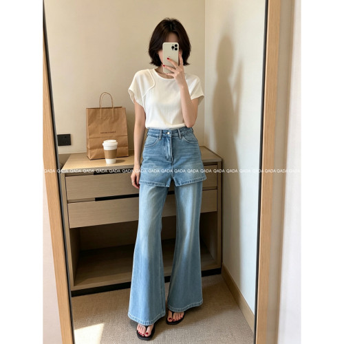 高弹力！A8假两件屁帘微喇牛仔裤女夏季新款高腰显瘦拖地裤长裤子