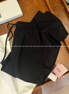 Q38黑色阔腿裤女夏季薄款胯大腿粗穿凉快慵懒风显瘦松紧腰老爹裤