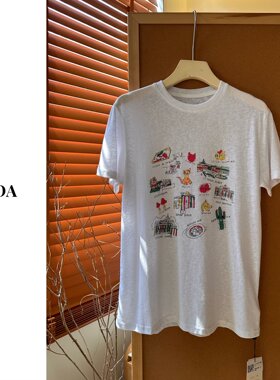 A18透气竹节棉短袖t恤女薄款春夏趣味印花宽松减龄休闲圆领上衣