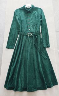 连衣裙 出口波兰外贸原单 长袖 翻领 大裙摆收腰 麂皮绒女士修身