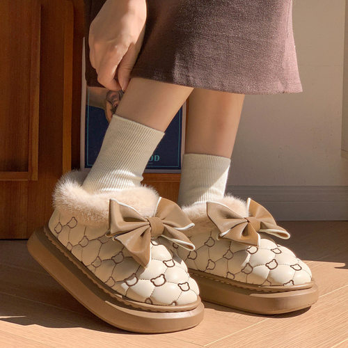 新款蝴蝶结棉拖鞋女包跟秋冬季