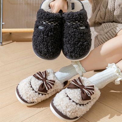 冬季新款复古甜美蝴蝶结棉拖鞋女