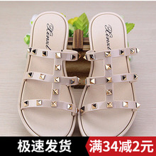 欧美夏季热卖华伦铆钉凉拖鞋女一字拖平底防滑果冻鞋时尚外穿百搭