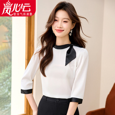 美容院蝴蝶结衬衫中袖工作服女酒