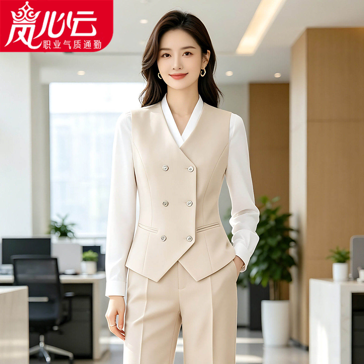 职业OL马甲套装三件套气质通勤白领上班前台讲解员工作服教师制服