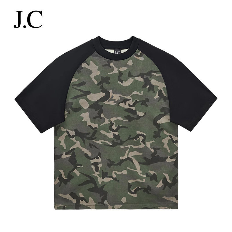 JC/Janecd潮牌美式复古迷彩插肩袖撞色短袖男重磅圆领宽松情侣装