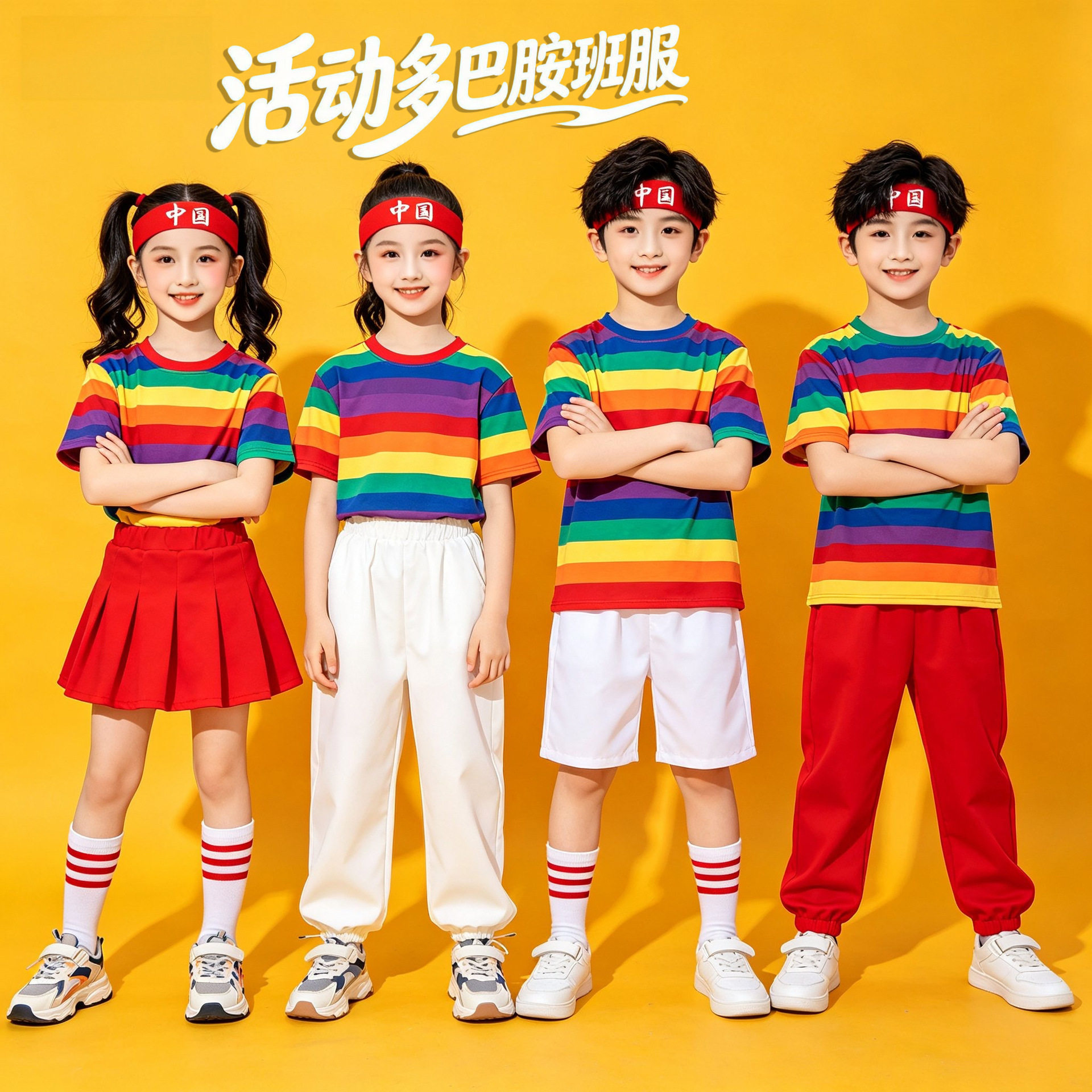 彩虹条纹t恤儿童演出服嘻哈风舞蹈表演幼儿园小学生班服活动套装