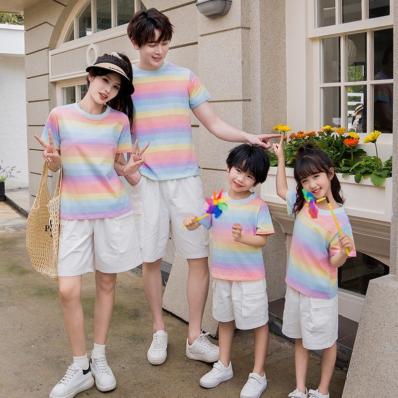 彩虹条纹短袖小清新白色工装短裤亲子装纯棉T恤一家三口母女套装
