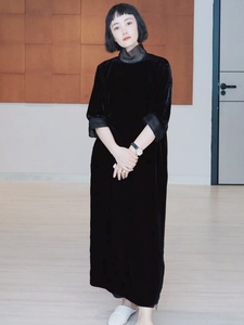 ICEEL新中式女装高端精致丝绒连衣裙2024新款黑色优雅晚礼服长裙