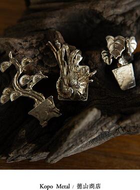 KOPO METAL 海芋鹿角蕨榕树盆景 绿植系列吊坠 古董银币手作银饰