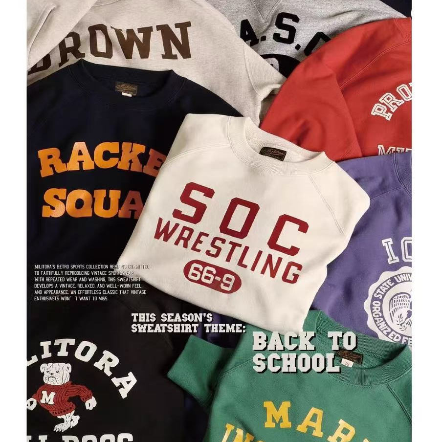 Militora121校园款全棉插肩袖圆领套头美式复古油墨印花Logo卫衣