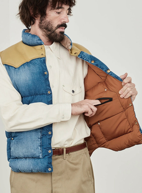 Rocky Mountain 50TH旧化丹宁羽绒马甲拼皮牛仔羽绒外套夹克