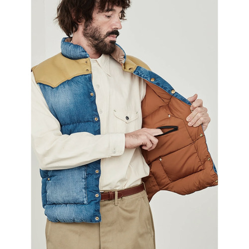 Rocky Mountain 50TH旧化丹宁羽绒马甲拼皮牛仔羽绒外套夹克