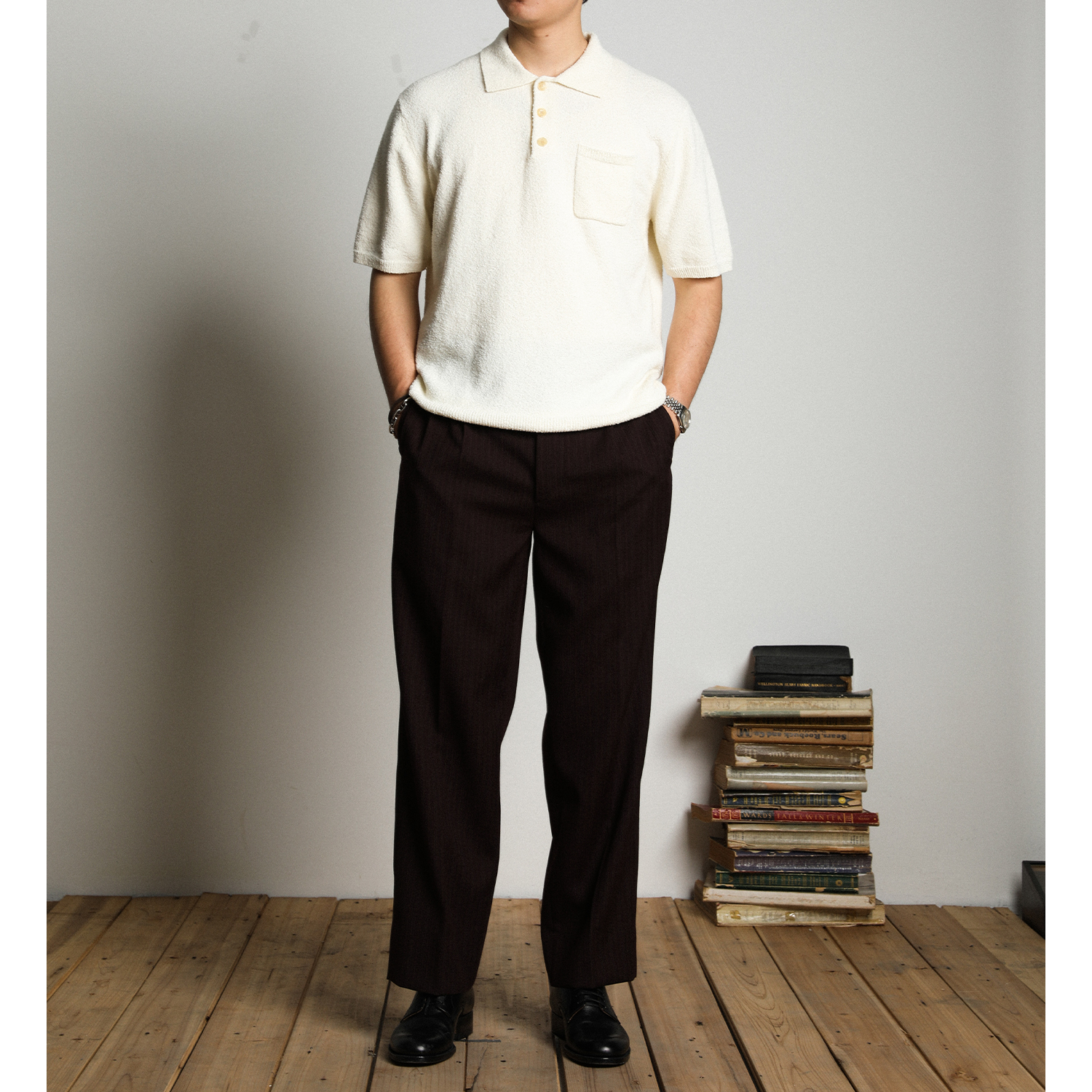 Militora 830时代感重磅初剪羊毛长裤 人字纹双褶阔腿长裤男