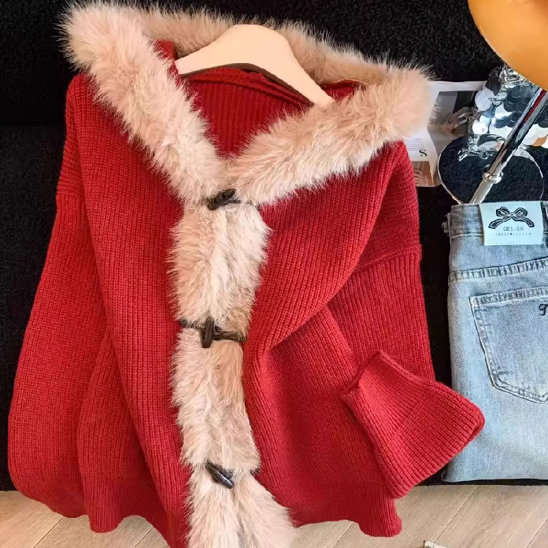 胖妹妹大码新年氛围感毛领连帽针织衫外套女秋冬保暖宽松开衫毛衣,女装/女士精品,毛衣,淘宝优惠券,粉丝福利购,淘宝优惠卷