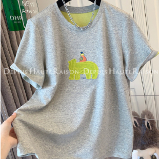 宽松遮肚子T恤衫 上衣女夏季 独特卡通刺绣撞色短袖 胖妹妹200斤大码