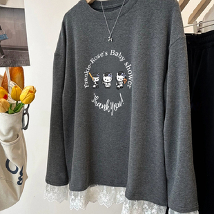 胖妹妹200斤大码KT猫木耳蕾丝边假两件磨毛打底衫女秋冬外穿上衣