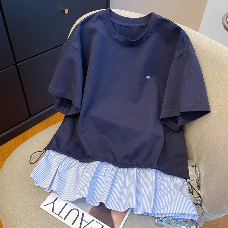 胖妹妹200斤大码设计感抽绳拼接条纹屁帘裙摆短袖上衣女夏遮肉T恤图片