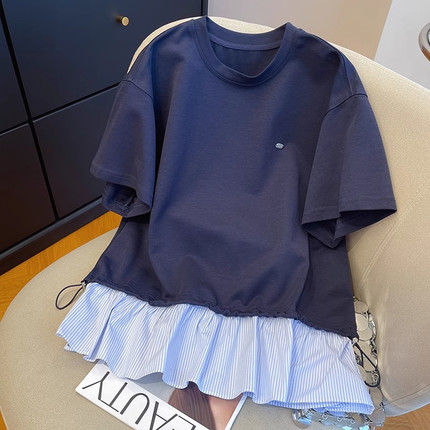 胖妹妹200斤大码设计感抽绳拼接条纹屁帘裙摆短袖上衣女夏遮肉T恤