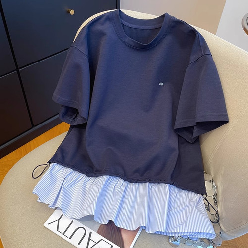 胖妹妹200斤大码设计感抽绳拼接条纹屁帘裙摆短袖上衣女夏遮肉T恤