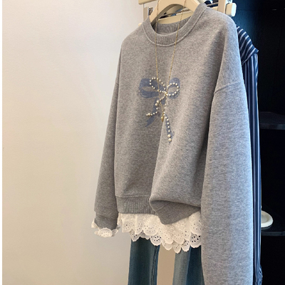 胖妹妹200斤大码钉珠蝴蝶结拼接蕾丝花边卫衣女秋冬加绒加厚