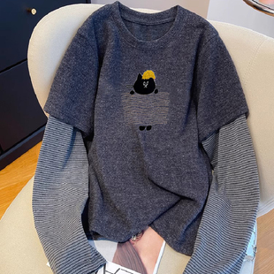 胖妹妹200斤大码 女秋冬宽松上衣 复古今年流行假两件条纹磨毛长袖