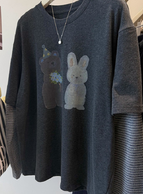 胖MM大码240斤灰色卡通减龄德绒加厚假两件长袖T恤女秋冬宽松上衣