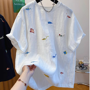 遮肉显瘦上衣 T恤女夏宽松半袖 胖妹妹200斤大码 超好看独特刺绣短袖