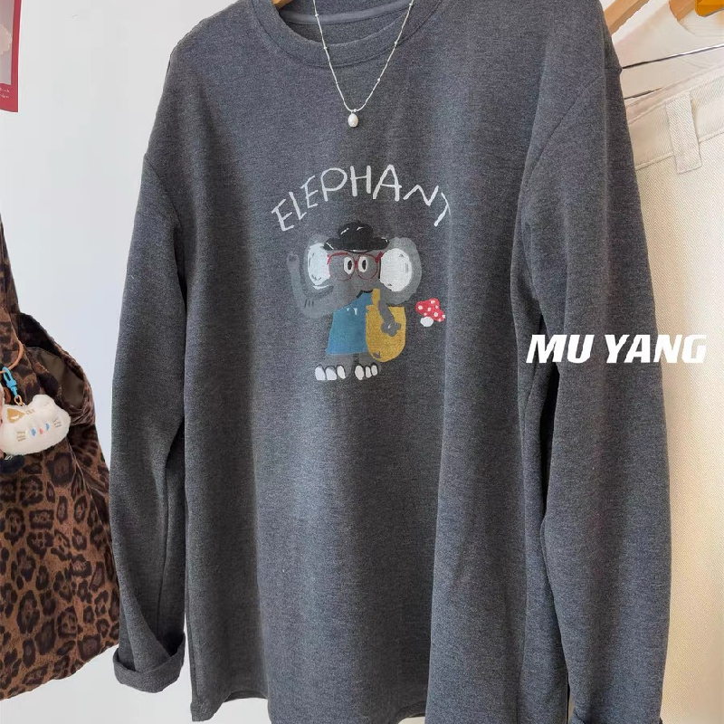 胖mm240斤大码韩系磨毛德绒加厚大象印花休闲长袖T恤女秋冬打底衫
