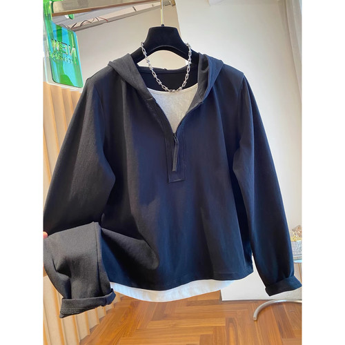 胖妹妹300斤假两件连帽T恤显瘦