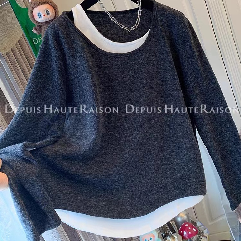 胖mm200斤大码早秋时尚高级感撞色假两件长袖T恤女宽松休闲打底衫