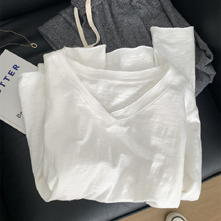 T恤女春秋宽松大版 轻薄长袖 上衣 240斤白色竹节棉V领净版 胖MM大码