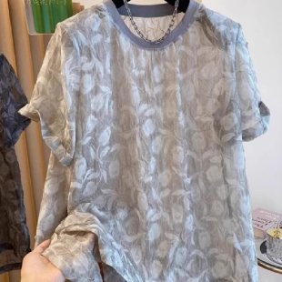 胖妹妹200斤大码高级感微透雪纺衫短袖T恤女夏季宽松薄纱罩衫上衣